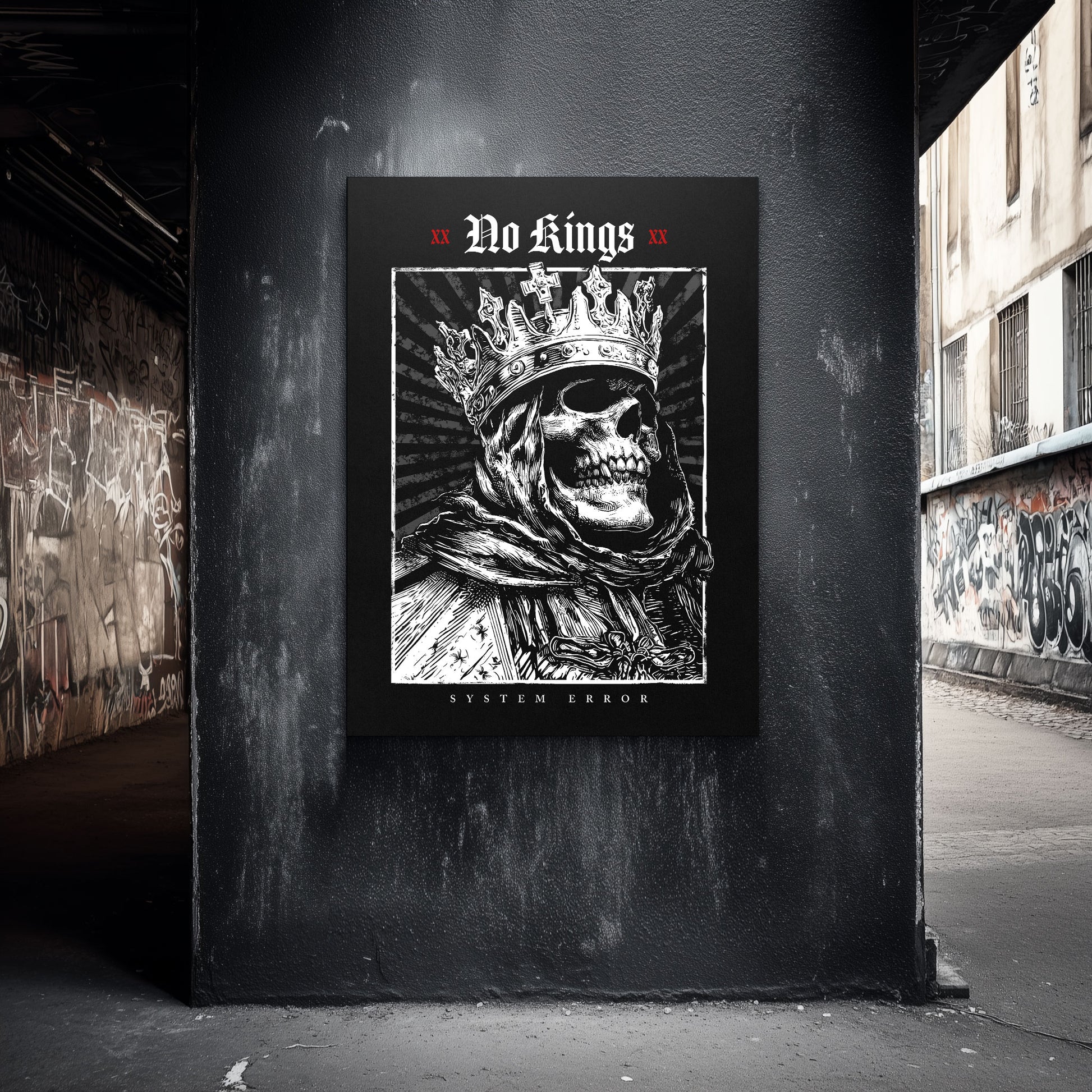 Artwork of a skull-headed king wearing an imposing crown, surrounded by radiant lines and the text “No Kings” and “System Error.” A high-quality DIN A2 poster on museum-grade matt paper — a striking visual symbol of rebellion, irony, and modern counterculture art.