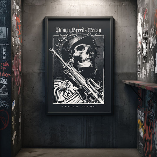 Eine schwarz-weiße Illustration im Punk-Stil, die einen skelettartigen Soldaten mit Dornenkrone und Helm zeigt, der ein Gewehr hält, mit den Texten „Power Breeds Decay” (Macht führt zu Verfall) und „System Error” (Systemfehler), die die Rebellion gegen Autoritäten und den Verfall der Macht symbolisieren.

Punk-Poster, Wandkunst mit Totenkopf, dunkle ästhetische Kunst, Anti-Autoritäts-Kunst, Rebellion-Poster, Systemfehler-Druck, Skelett-Kunstwerk, Punk-Wohnkultur, Anti-Kriegs-Kunst, gotische Wanddekoration